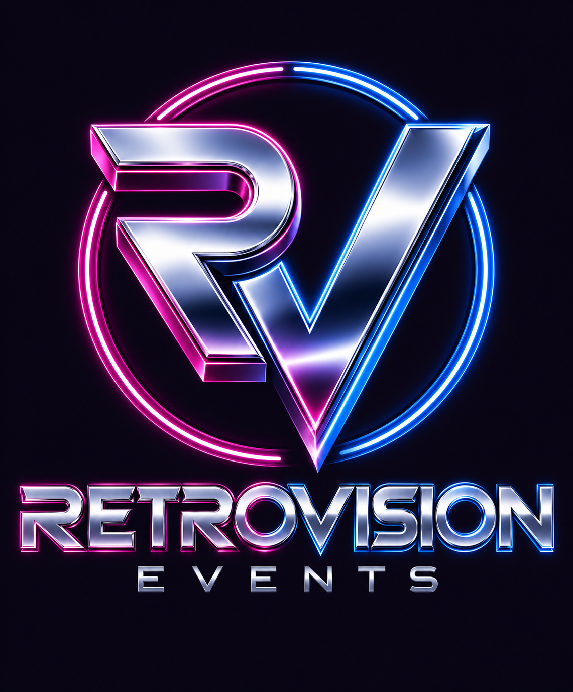 RetroVision Events-logo met chromen RV-symbool en roze en blauwe neonranden